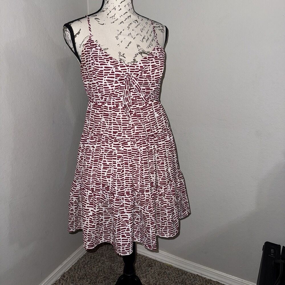 Blue Rain White Burgundy Geometric Sundress Sleeveless V-Neck Tie Front Zip M
